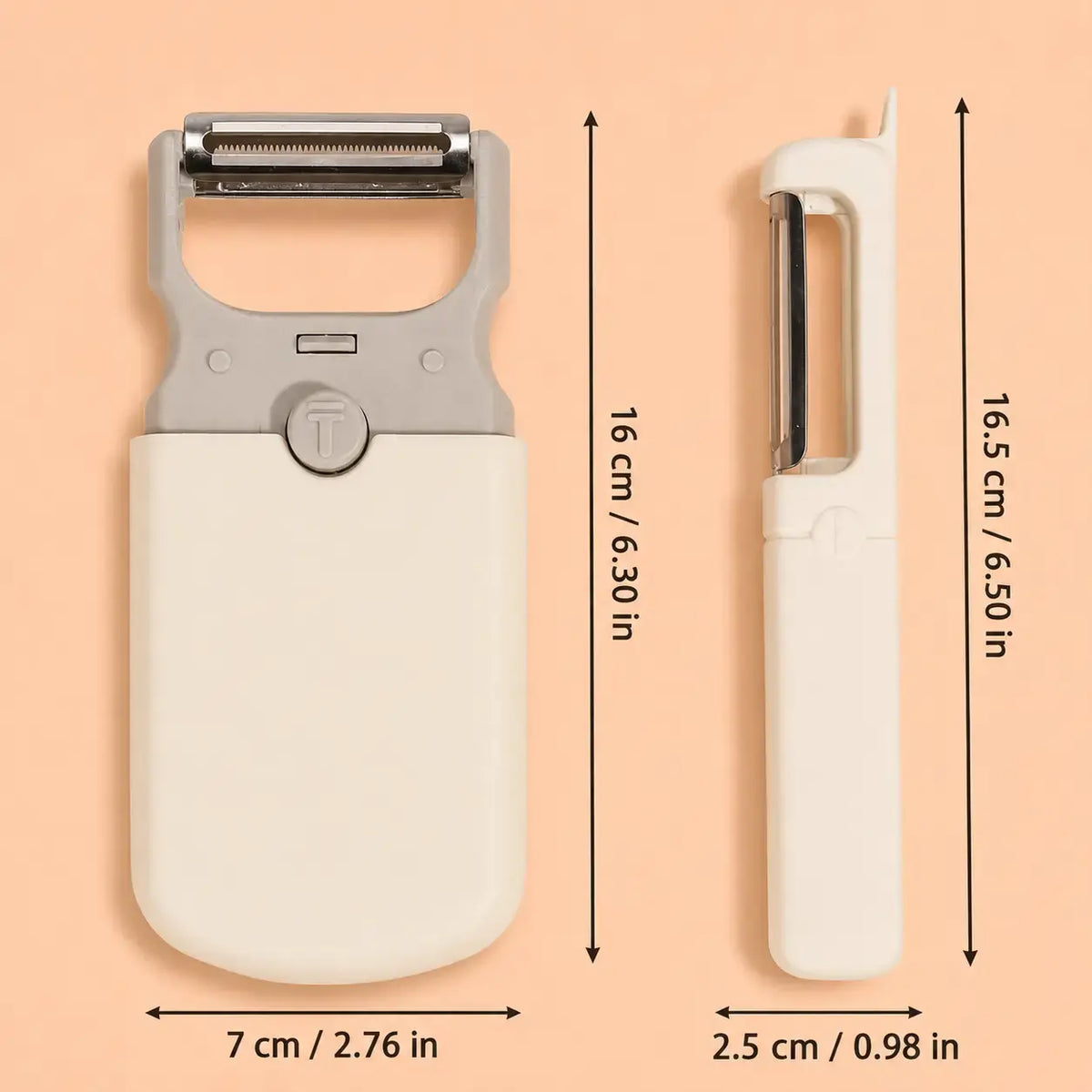 Vegetable prep tool measurements: 16 by 7 centimeters from the front and 16.5 by 2.5 centimeters from the side