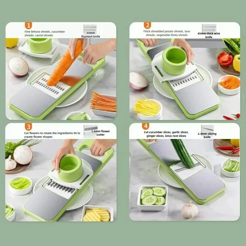 Four demonstrations of different vegetable cuts made with the slicer