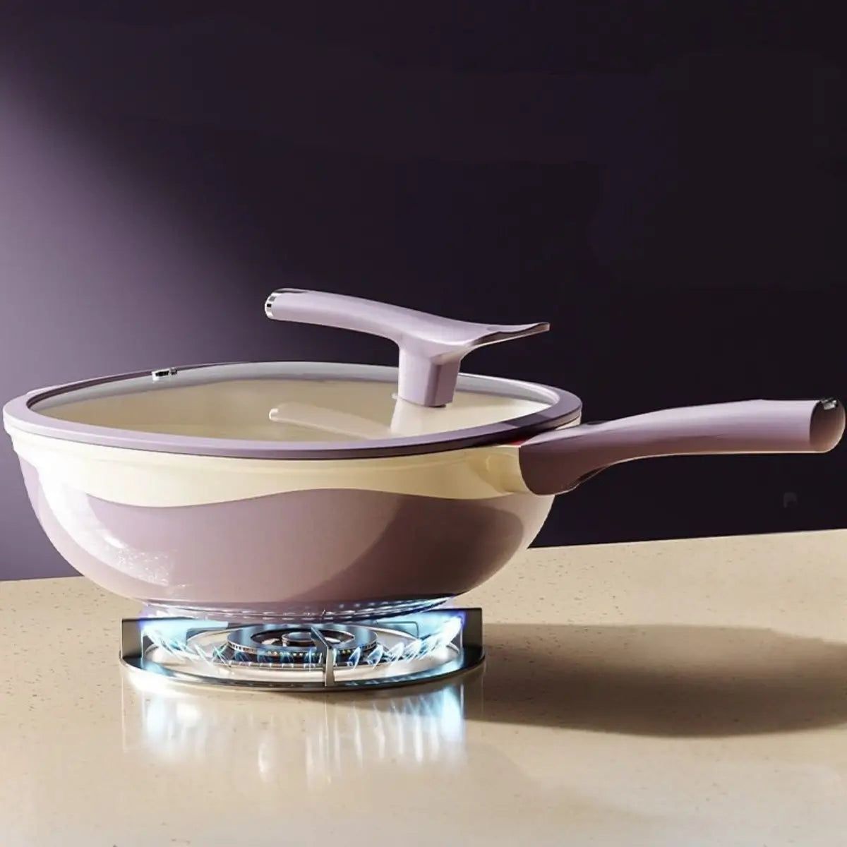 Purple pan with glass lid on a gas stovetop