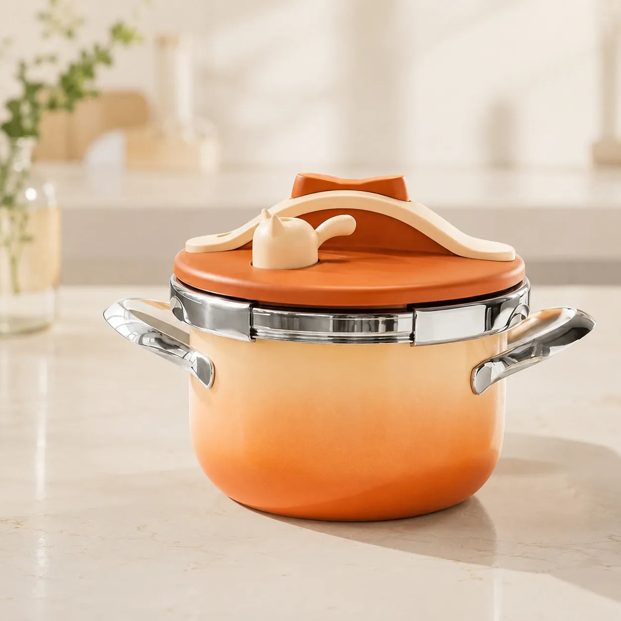 Toffee Orange compact pressure cooker in a warm kitchen setting