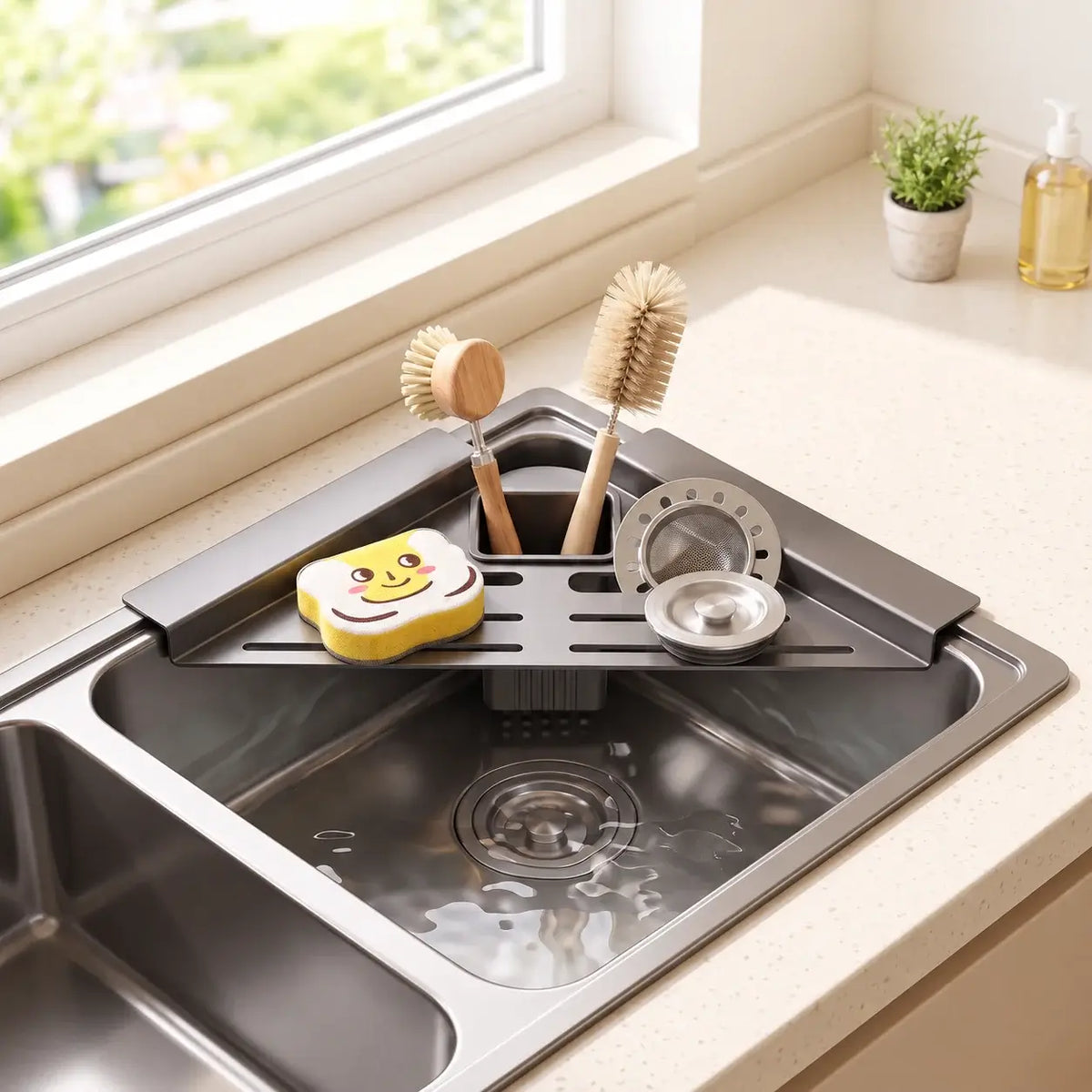 Corner rack rests across the rim while most of the basin remains open