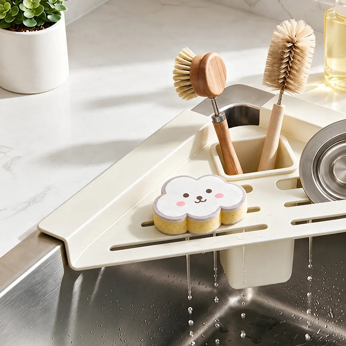 Water drains through the Cream White rack into the basin below