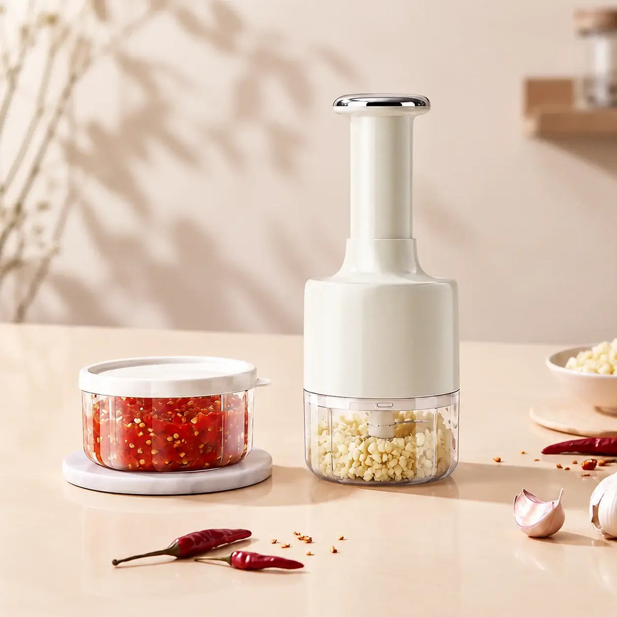 White garlic chopper beside covered cups of prepared ingredients