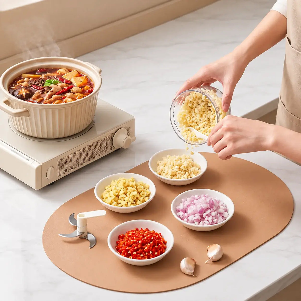 Chopped garlic being served beside ginger, onion, chili and a prepared meal