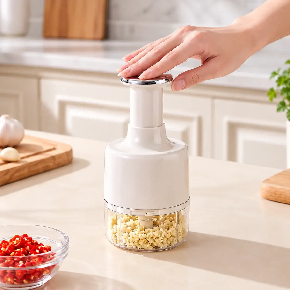 Hand pressing the white manual garlic chopper on a kitchen counter