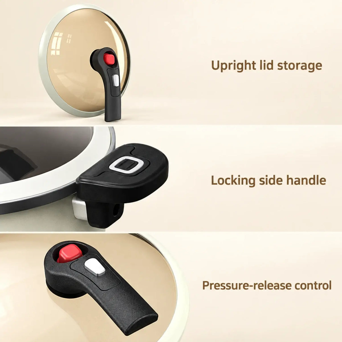 Glass lid, handle, and pressure-release details