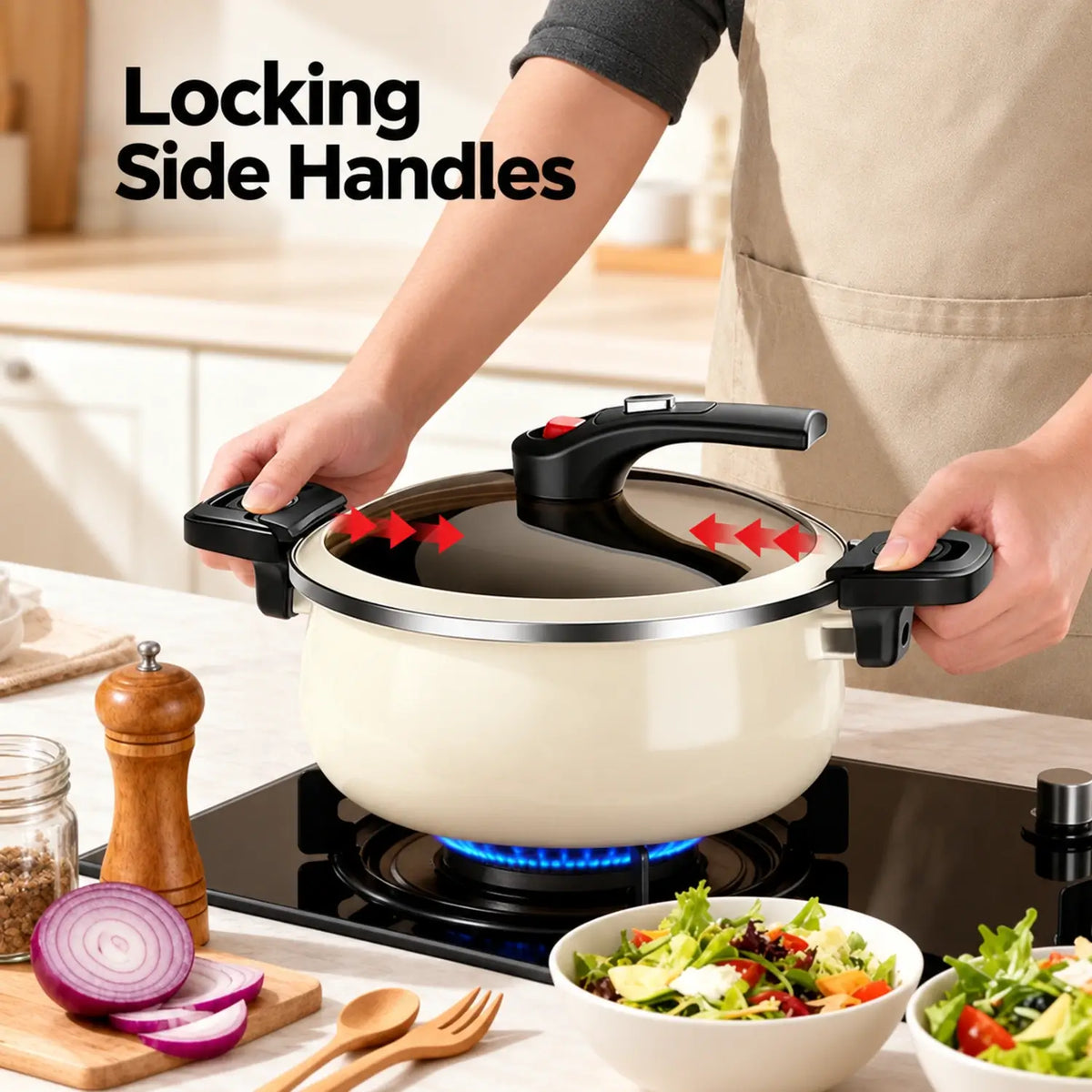 Locking side handles on the white pot