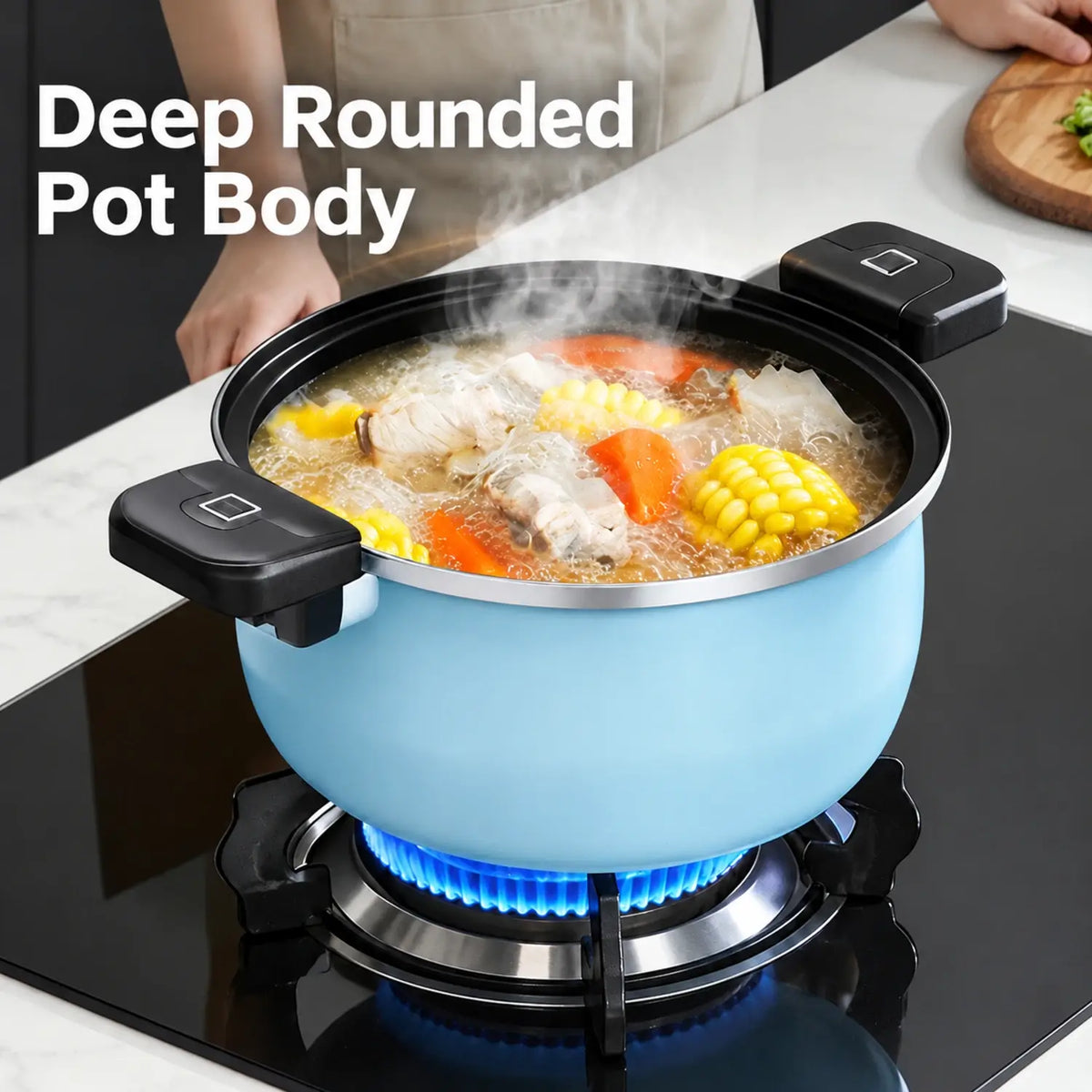 Deep rounded blue pot body with soup