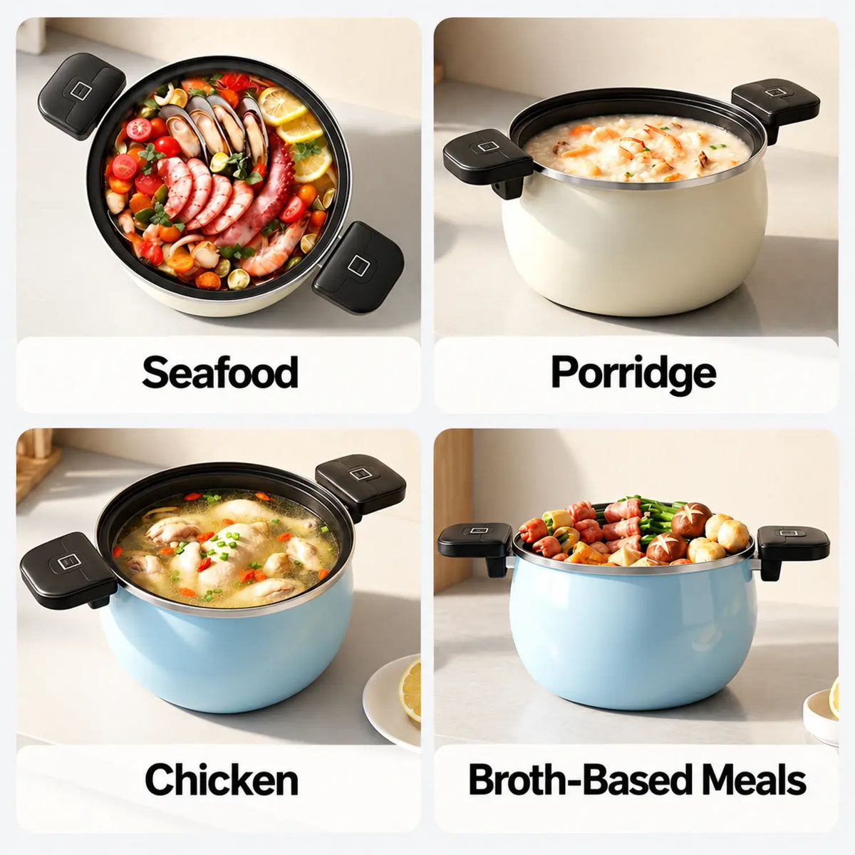 Examples of moist cooking: seafood, porridge, chicken, and broth