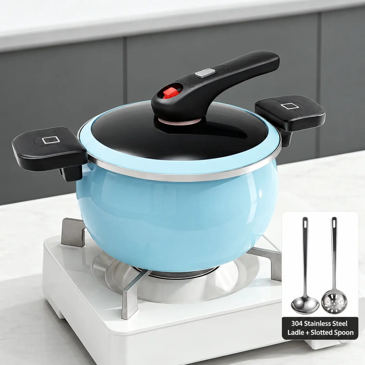 Blue pot with included ladle and slotted spoon