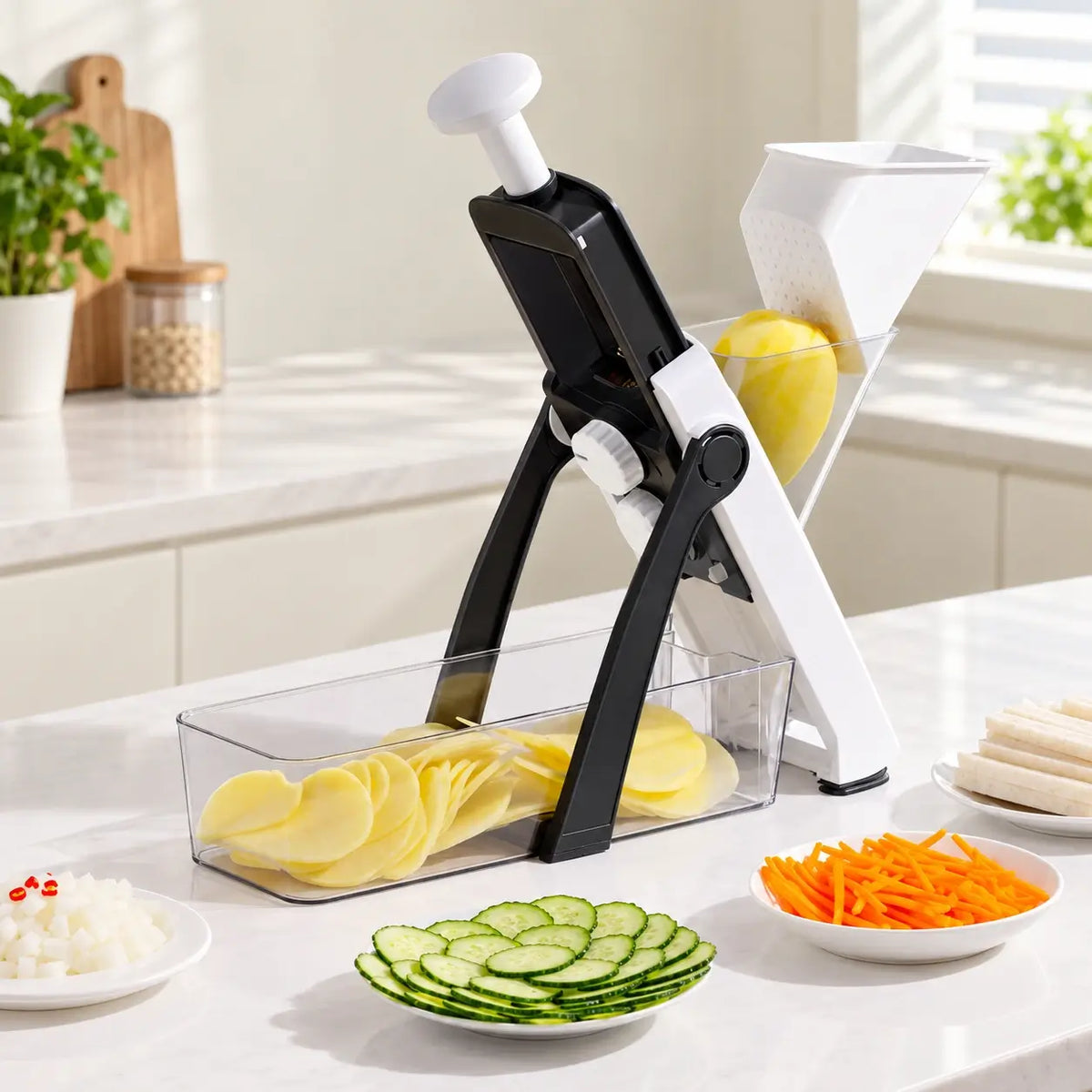 Vegetable slicer with lemon slices, cucumber rounds and carrot strips
