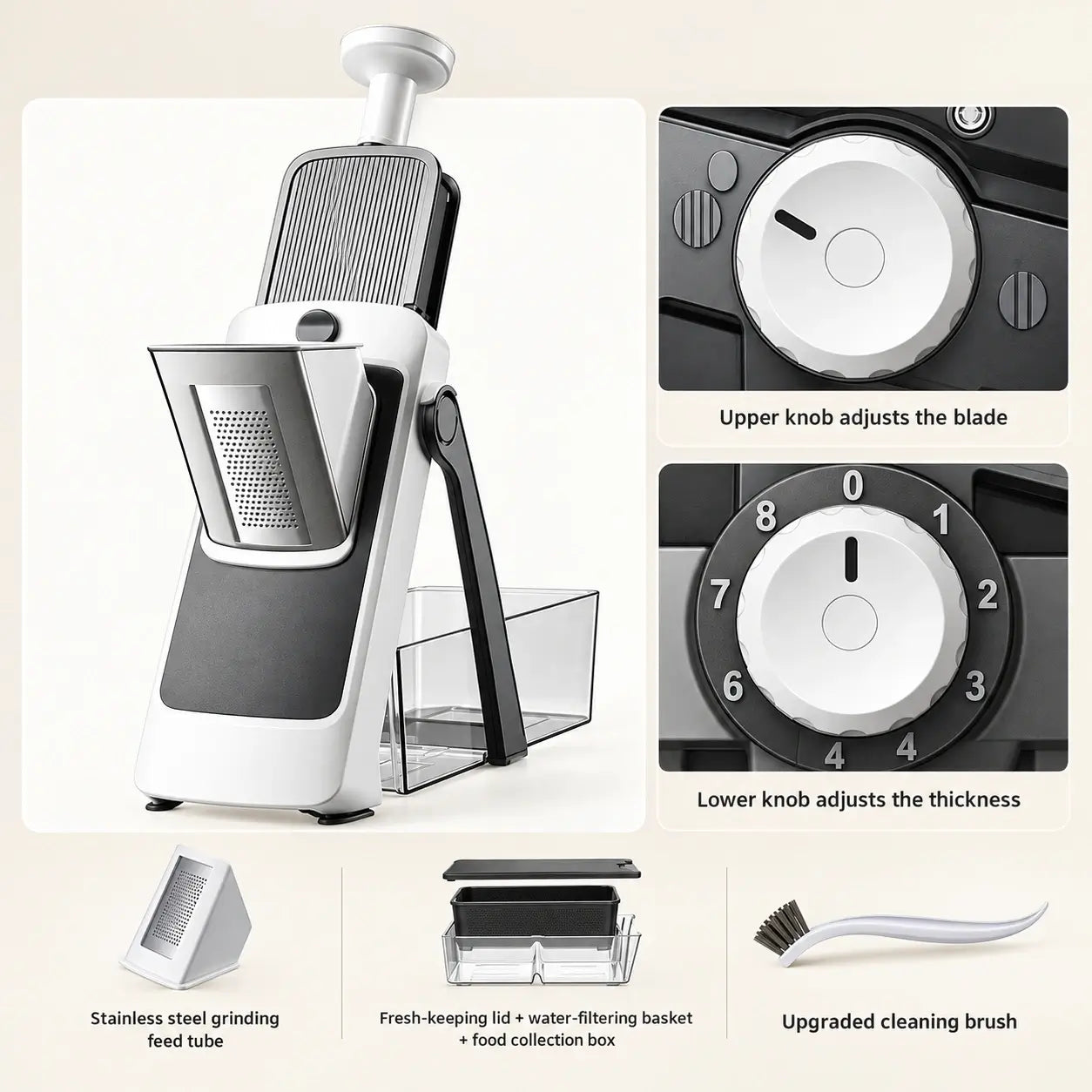 Silver Mist Gray slicer with dials, container, basket, lid and brush