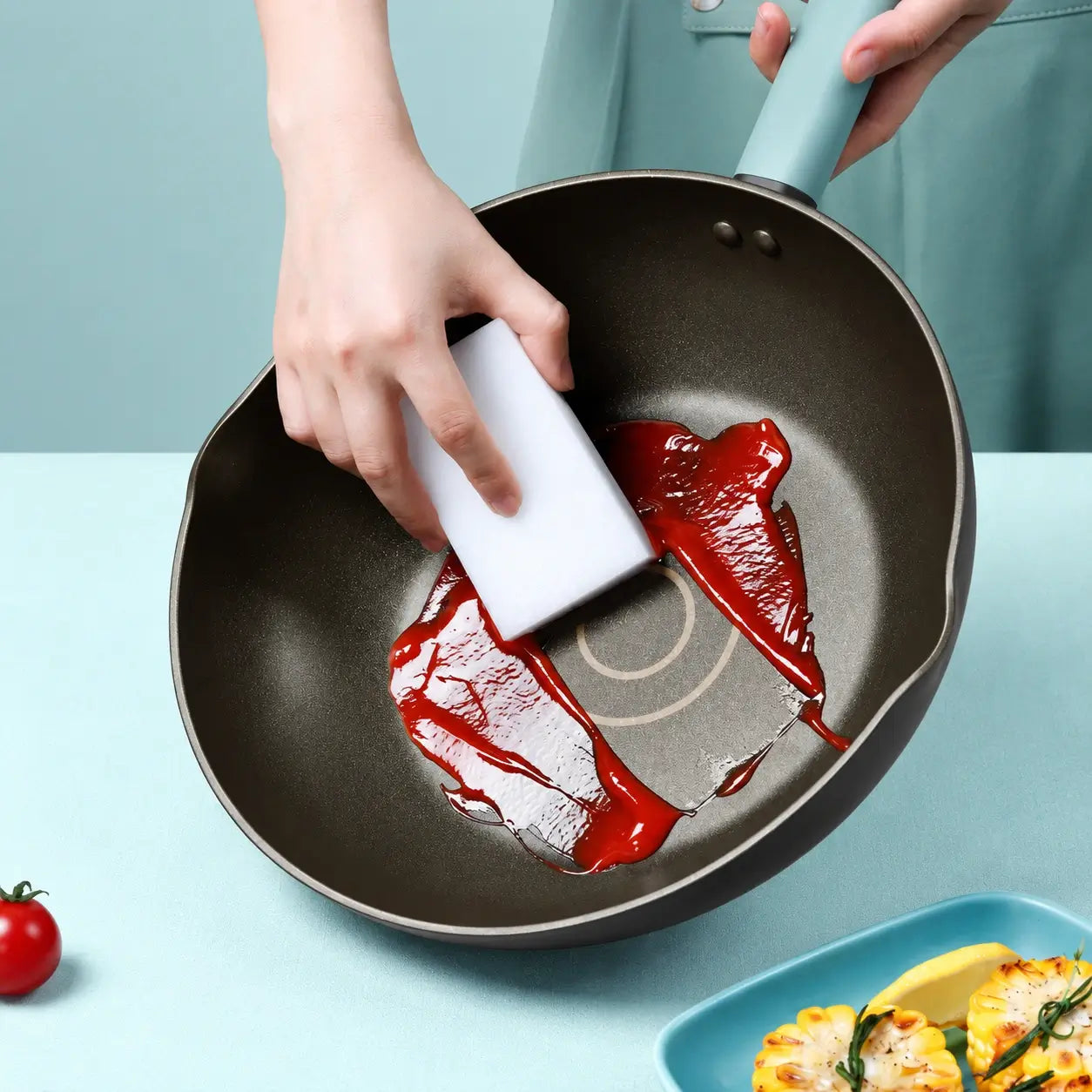 Soft sponge wiping cooking residue from the nonstick surface