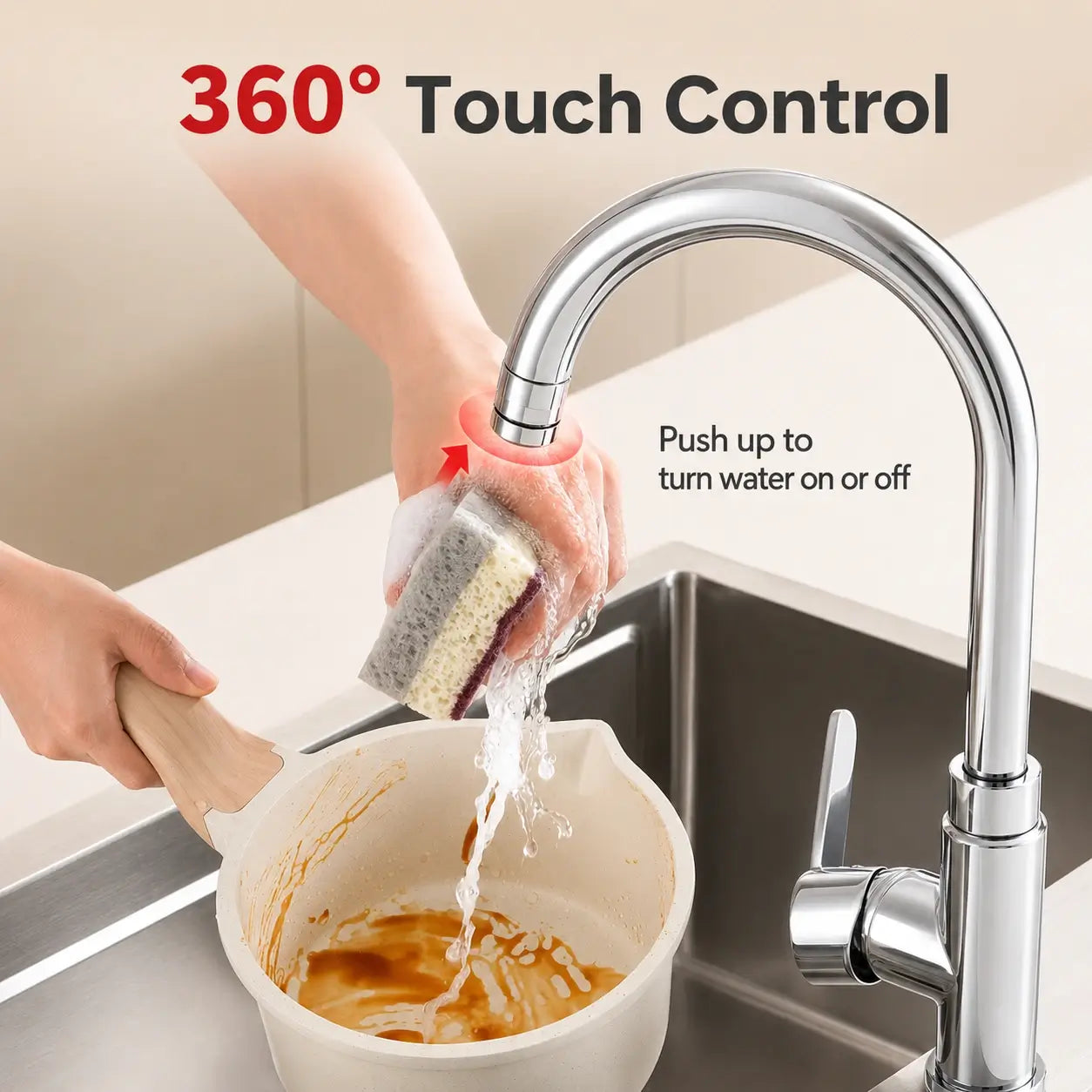 Hand touching the faucet aerator to control water while washing cookware
