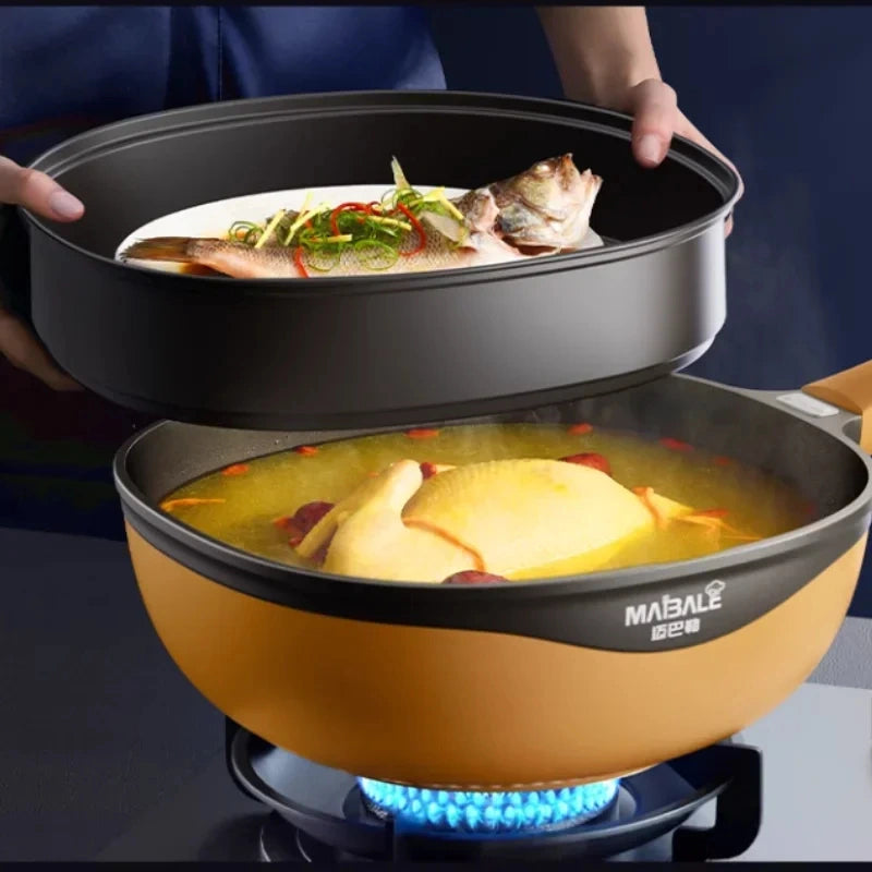 Premium Non‑Stick Rock Cast Wok with Lid & Steamer