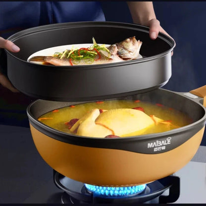 Premium Non‑Stick Rock Cast Wok with Lid & Steamer