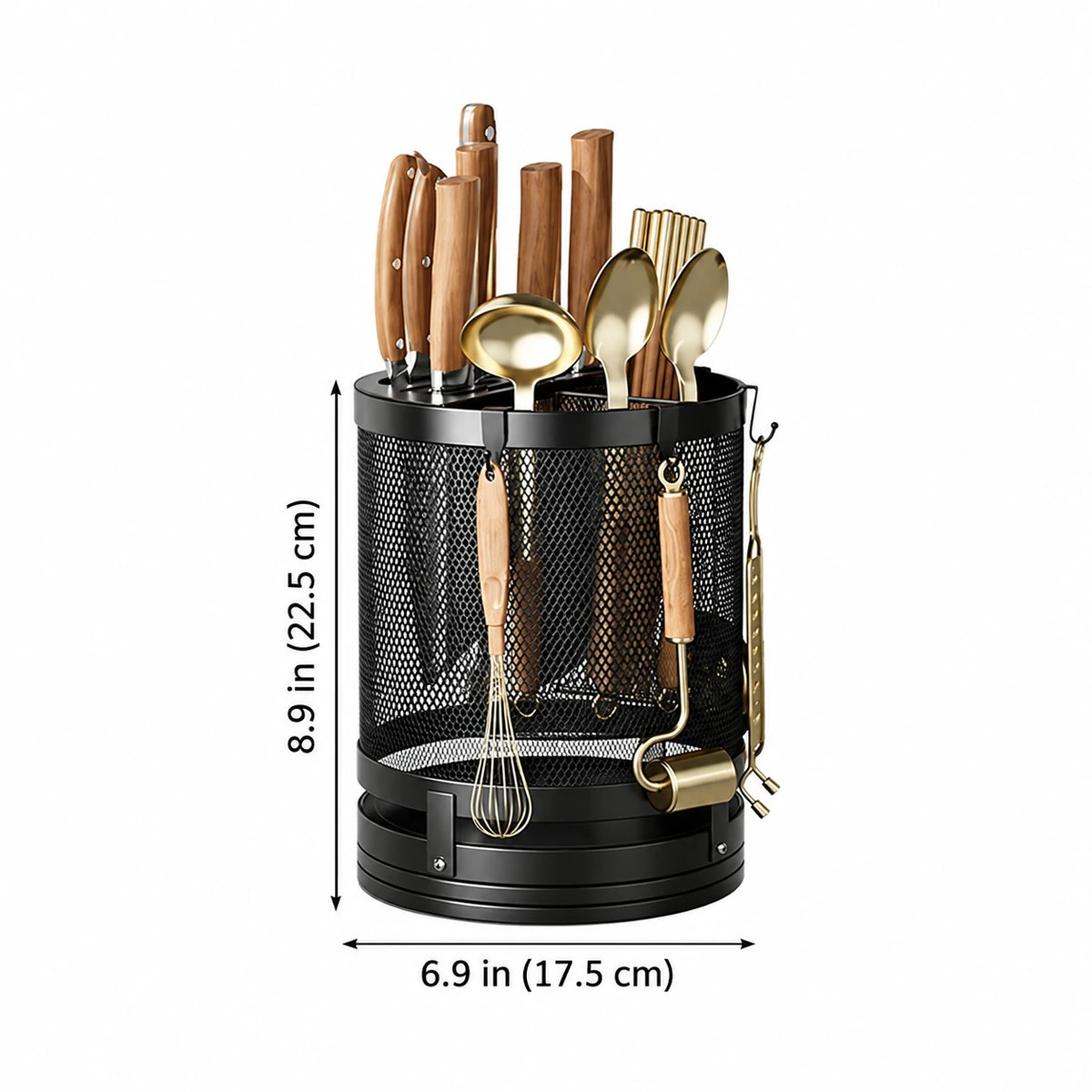 Approximate dimensions: 8.9 in high and 6.9 in diameter; utensils excluded