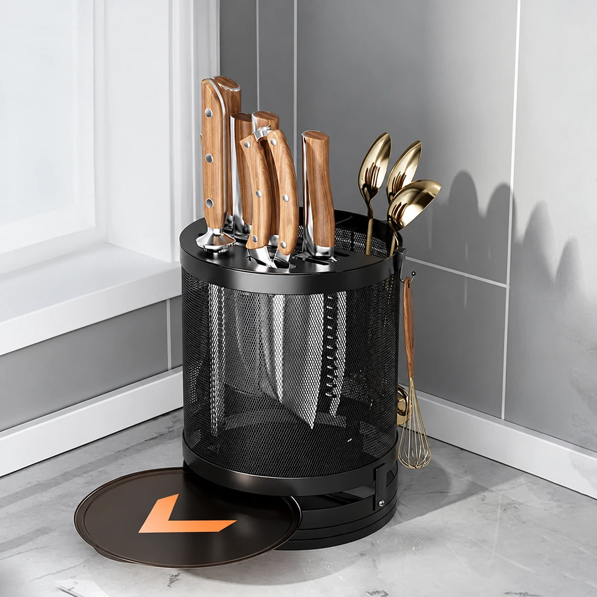 Removable water tray beneath the black organizer