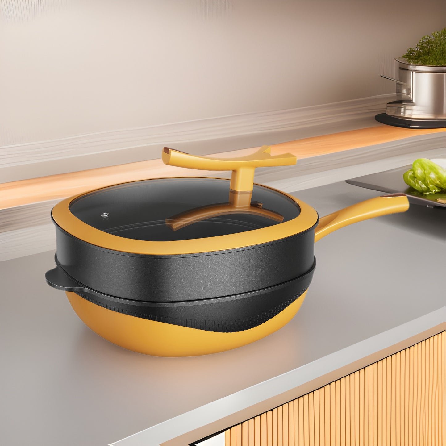 Premium Non‑Stick Rock Cast Wok with Lid & Steamer