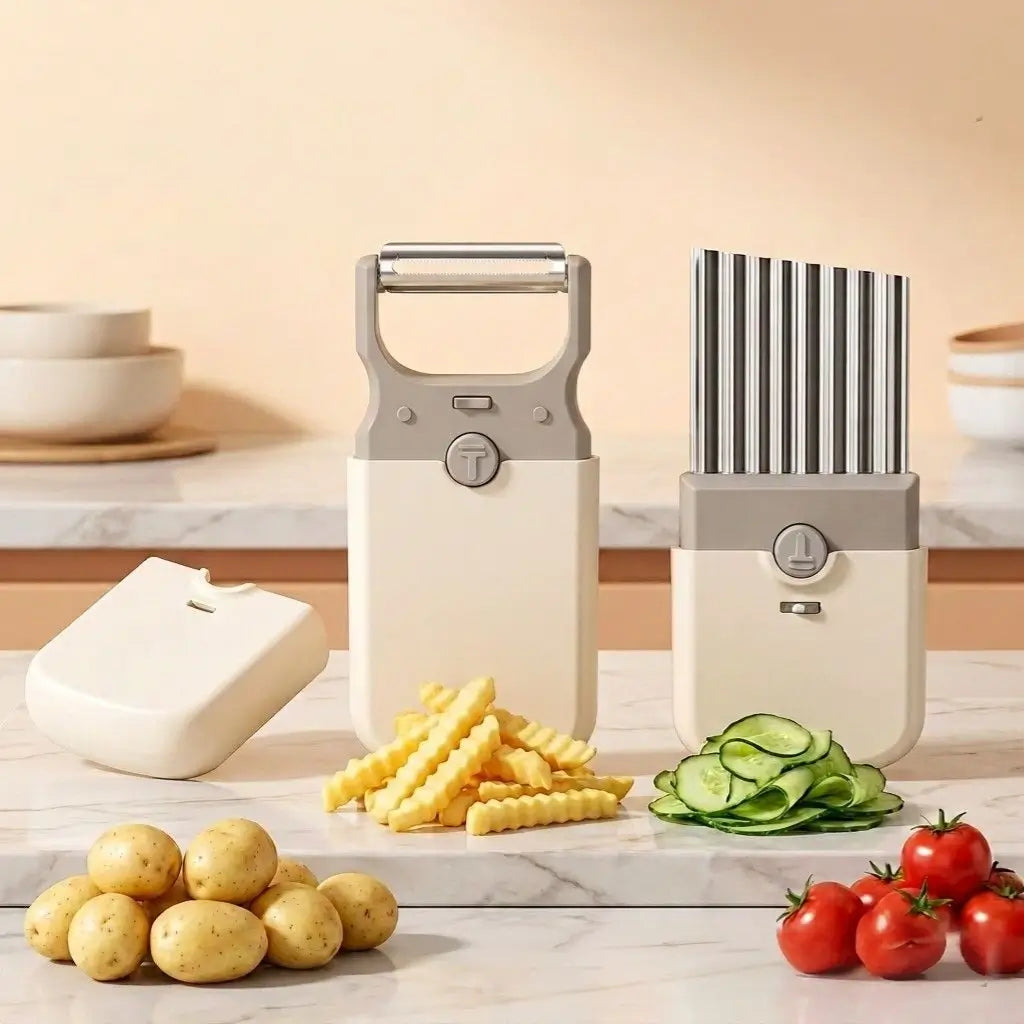 Peel and Ripple 3-in-1 vegetable prep tool set with potatoes and cucumbers