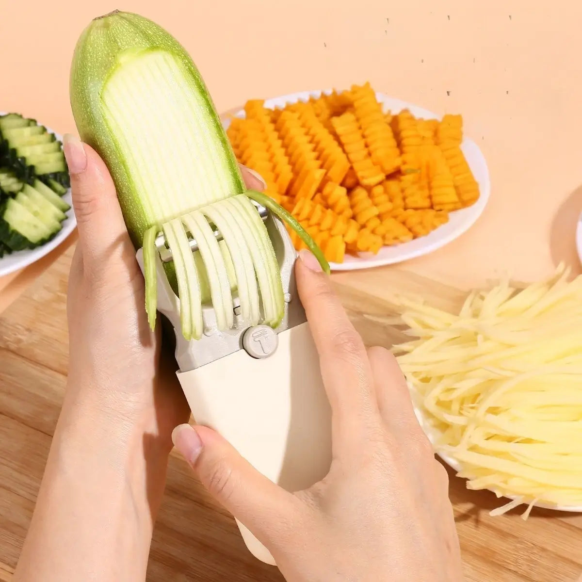 Julienne blade creating fine zucchini strips