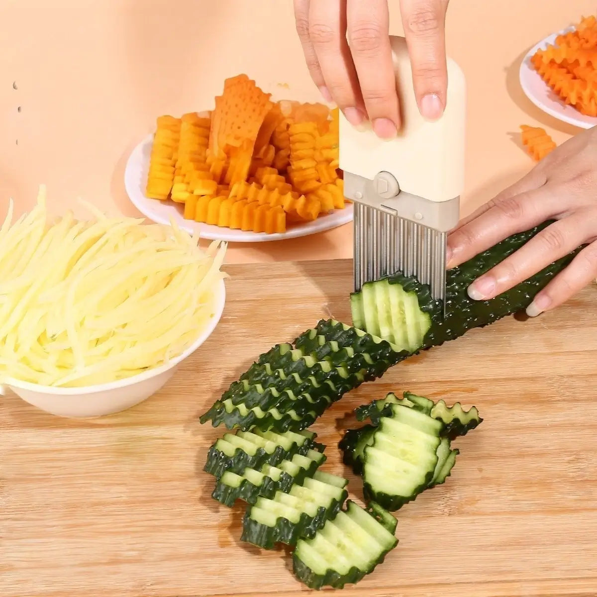 Crinkle cutter slicing cucumber into wavy rounds