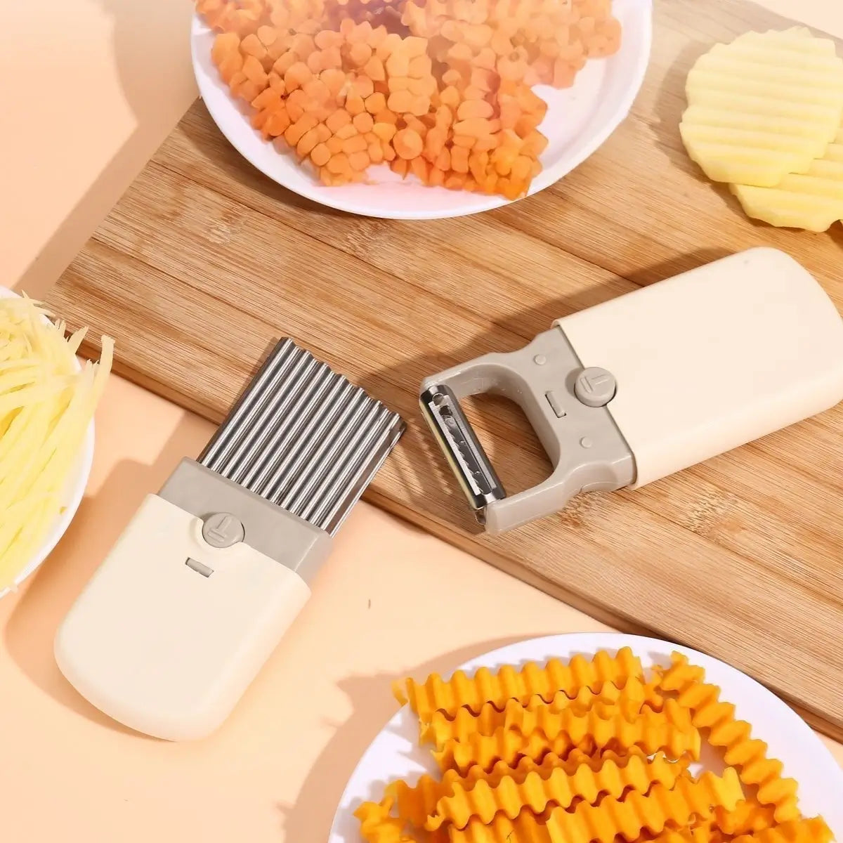 Covered vegetable preparation tools beside finished crinkle cuts