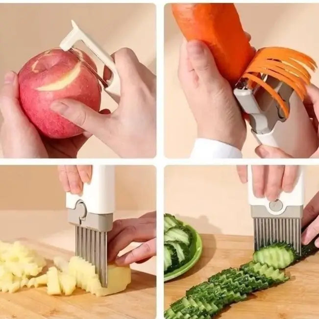 Four examples of peeling, julienne cutting and crinkle cutting vegetables