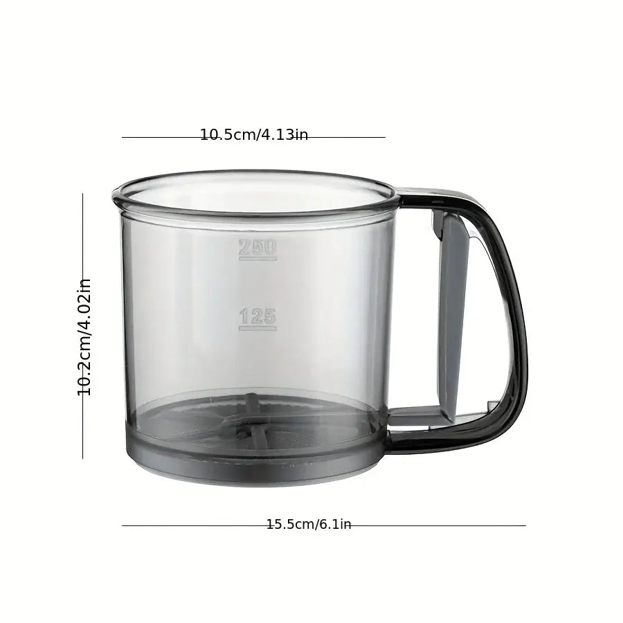 Clear glass mug with handle and dimensions labeled on a white background