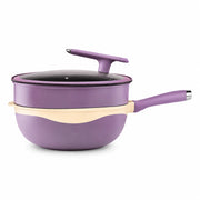 Complete purple pan set with matching steamer and glass lid, shown in full
