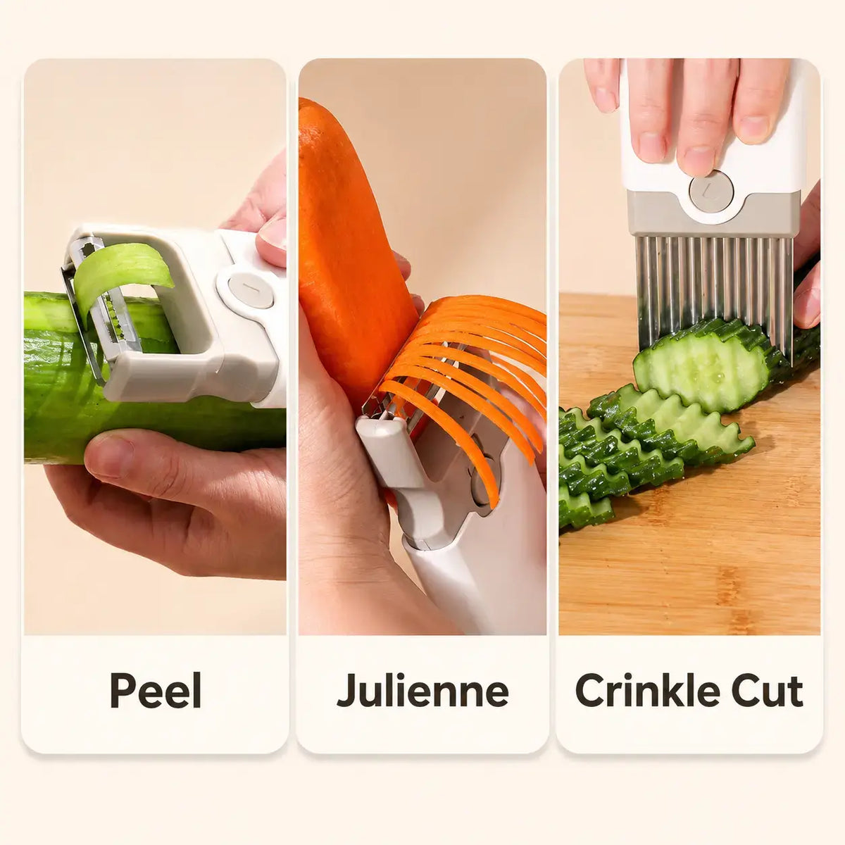 Three vegetable prep functions: peel, julienne and crinkle cut