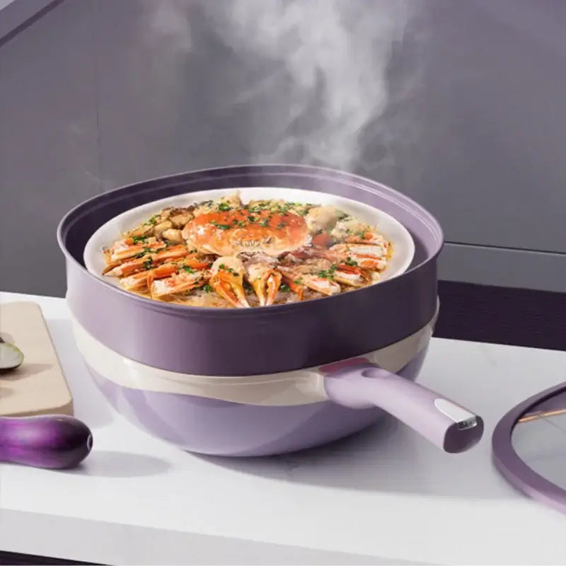 Steaming seafood served in the matching steamer above the pan
