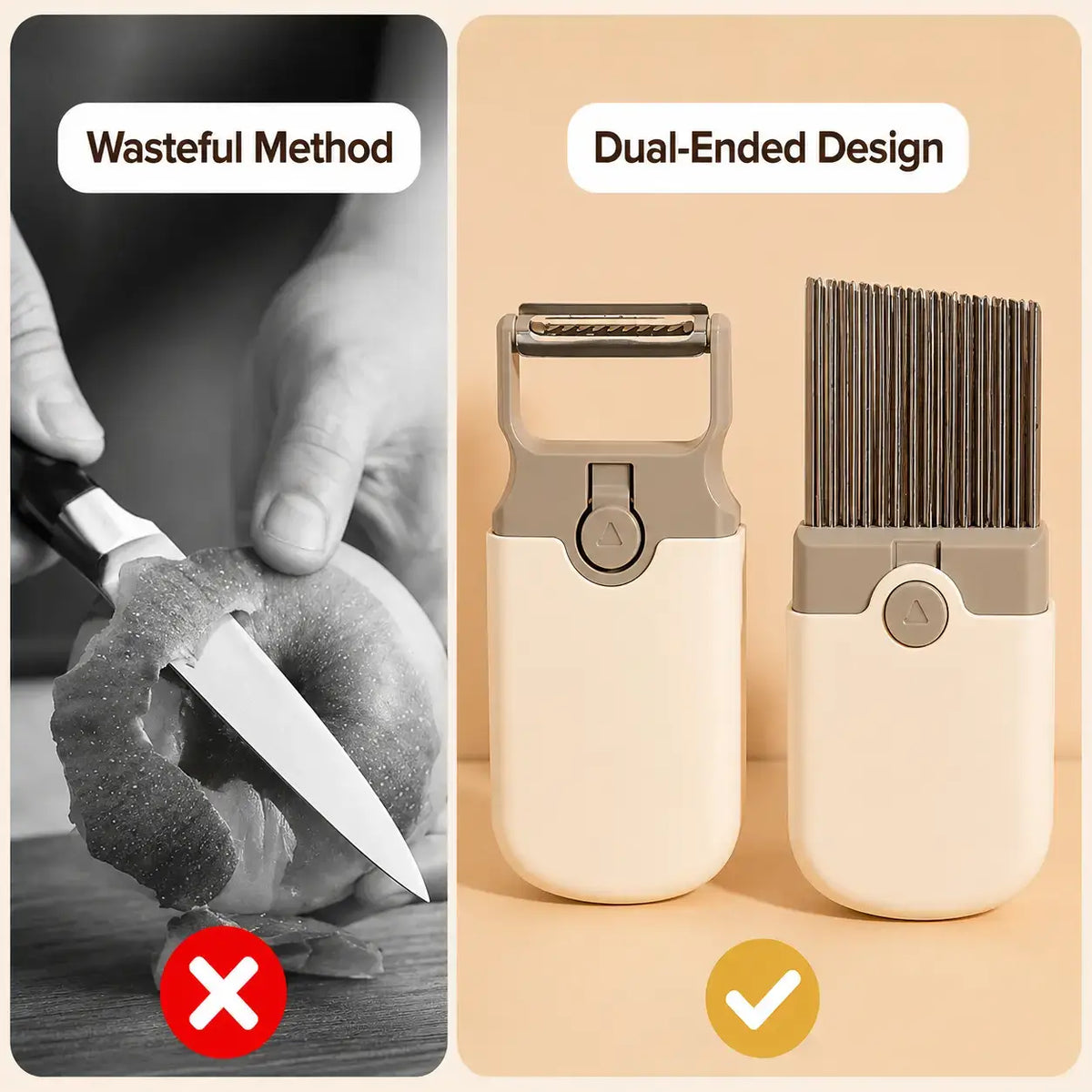 Comparison between thick knife peeling and compact vegetable prep tools