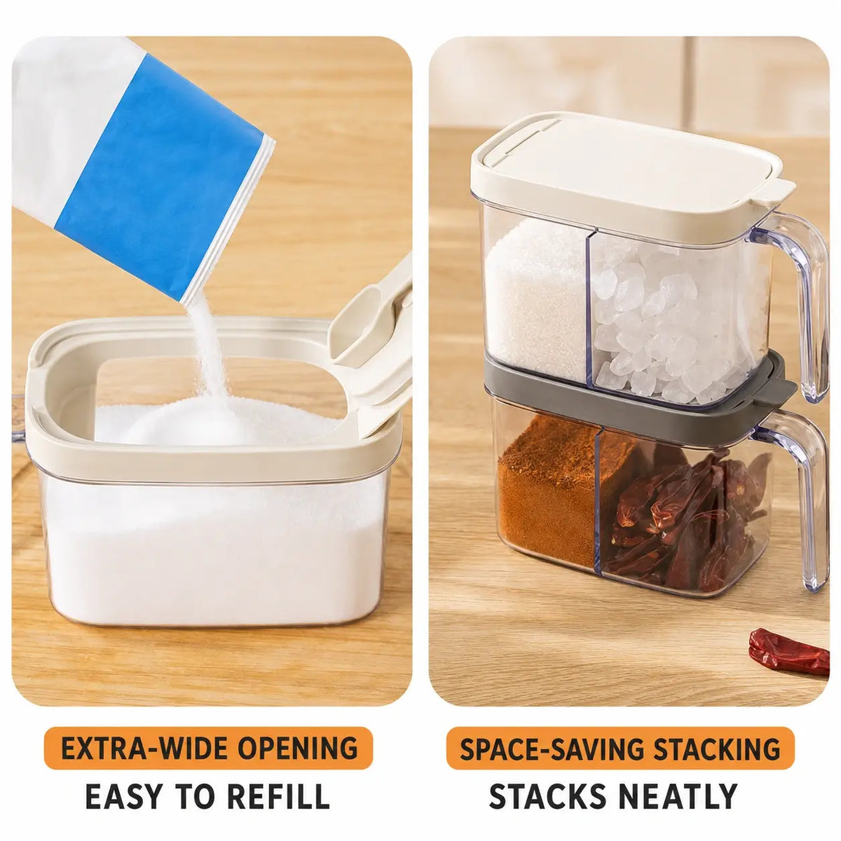 Wide-opening and stack-friendly.