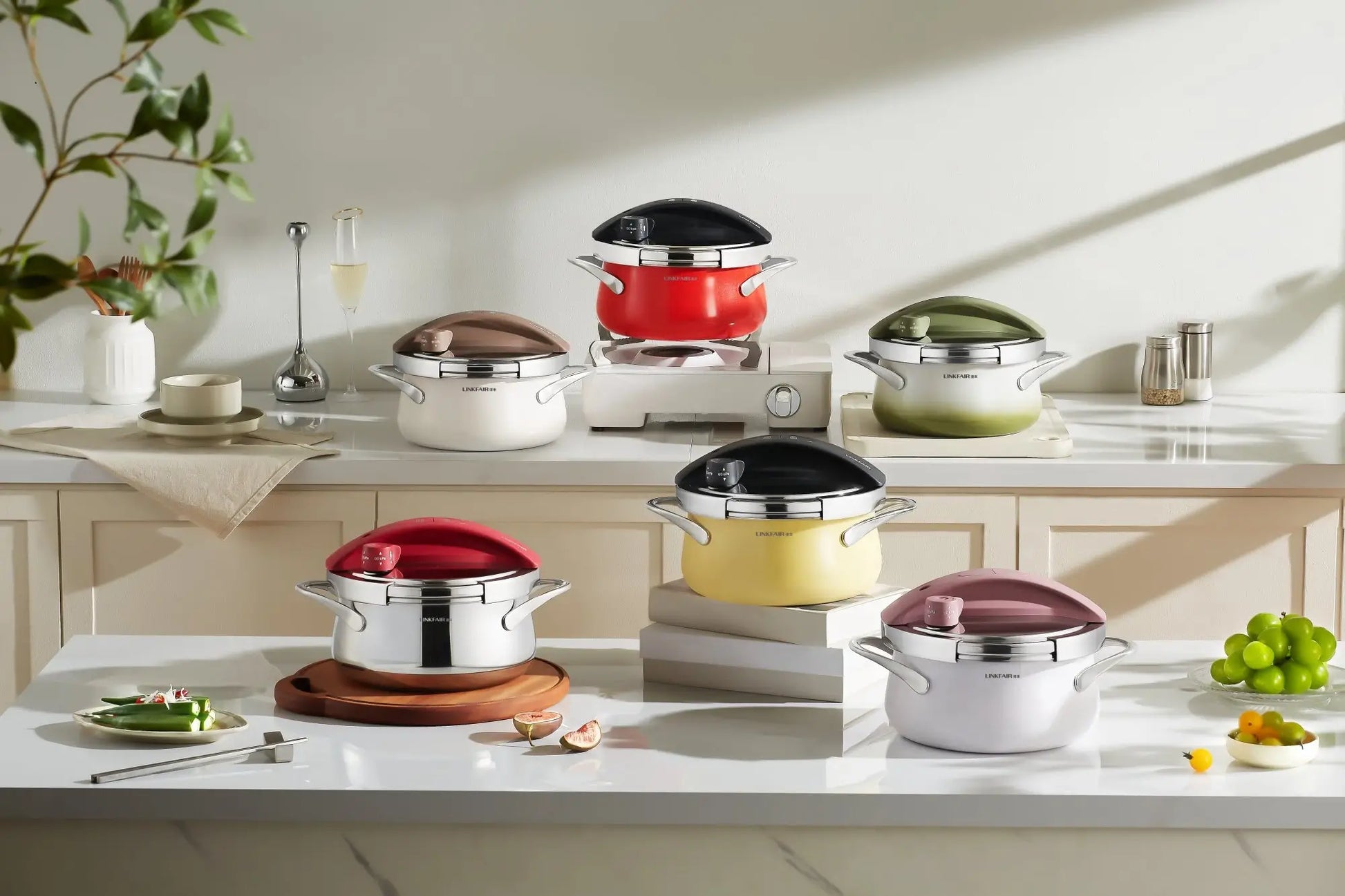 Adjustable pressure cooker family in multiple sizes and colors