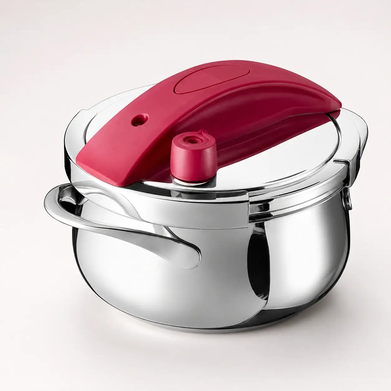Red adjustable stovetop pressure cooker with stainless steel body