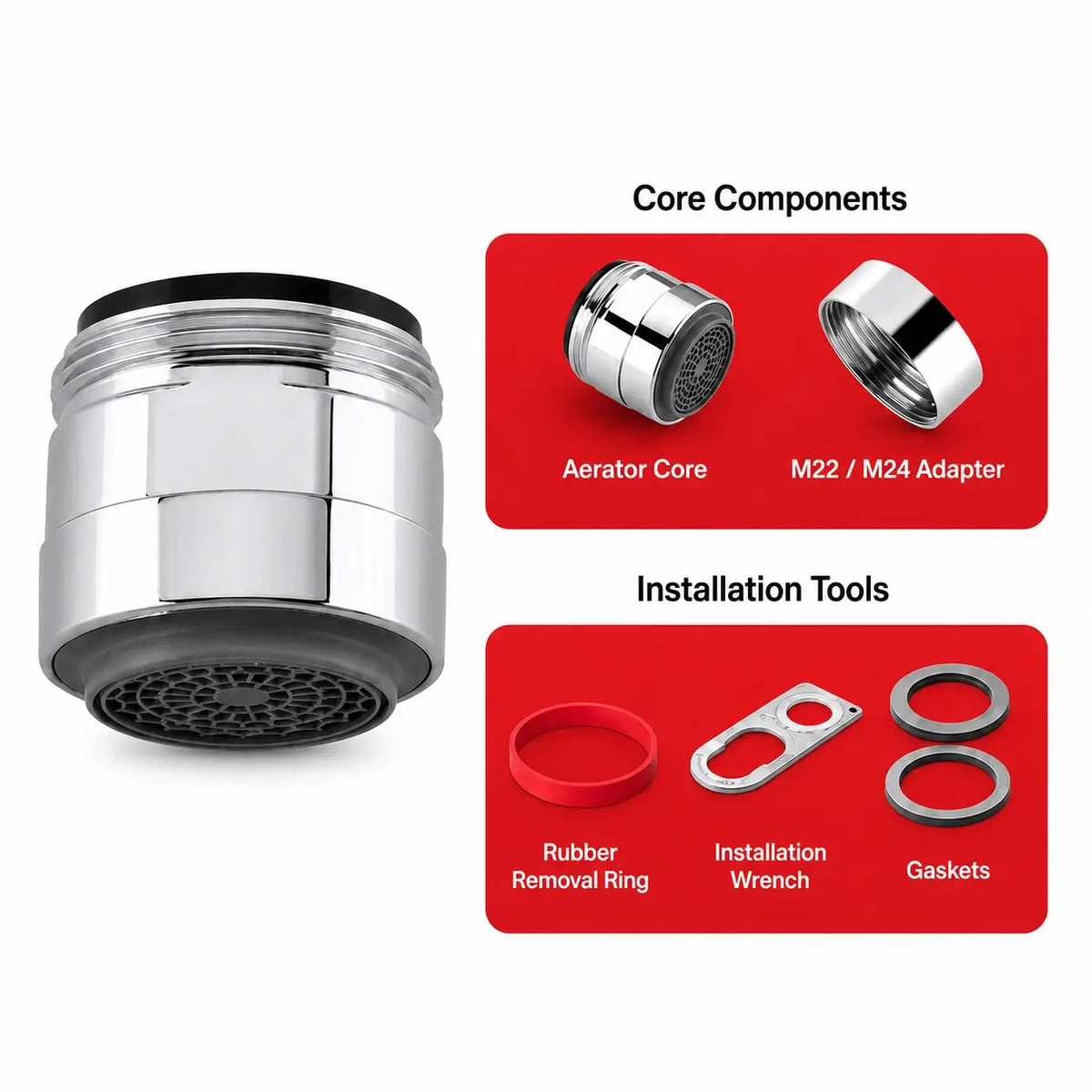 Chrome faucet aerator with M22 M24 adapter gaskets and installation tools