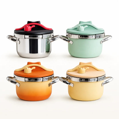 Compact pressure cooker shown in four available colors