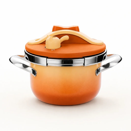 Toffee Orange compact 2.6 liter pressure cooker on a clean studio background