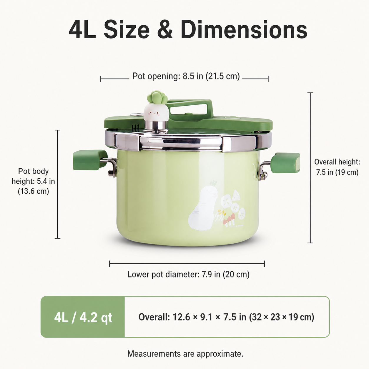 4L Compact Enamel Pressure Cooker dimensions