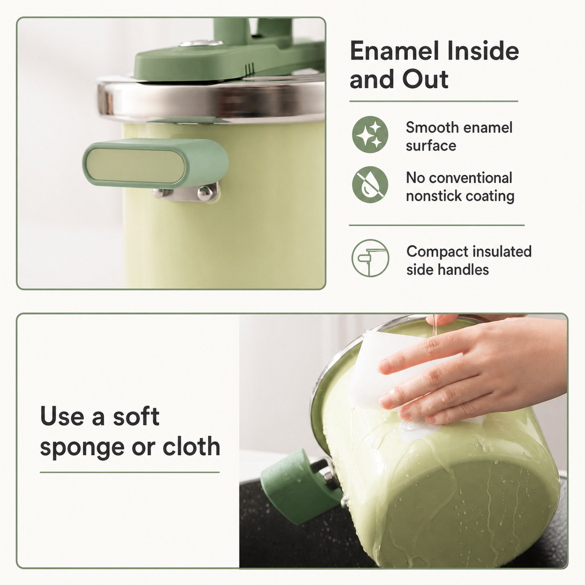 Enamel interior and exterior with compact insulated handles