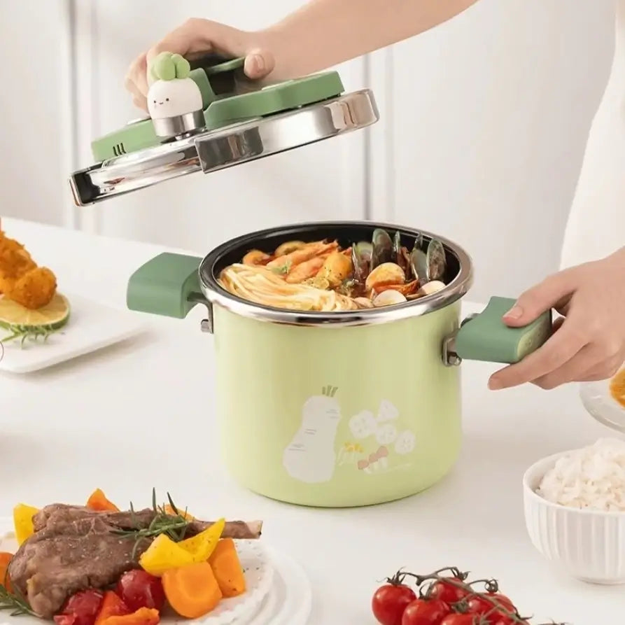 Opening the Compact Enamel Pressure Cooker after cooking a meal