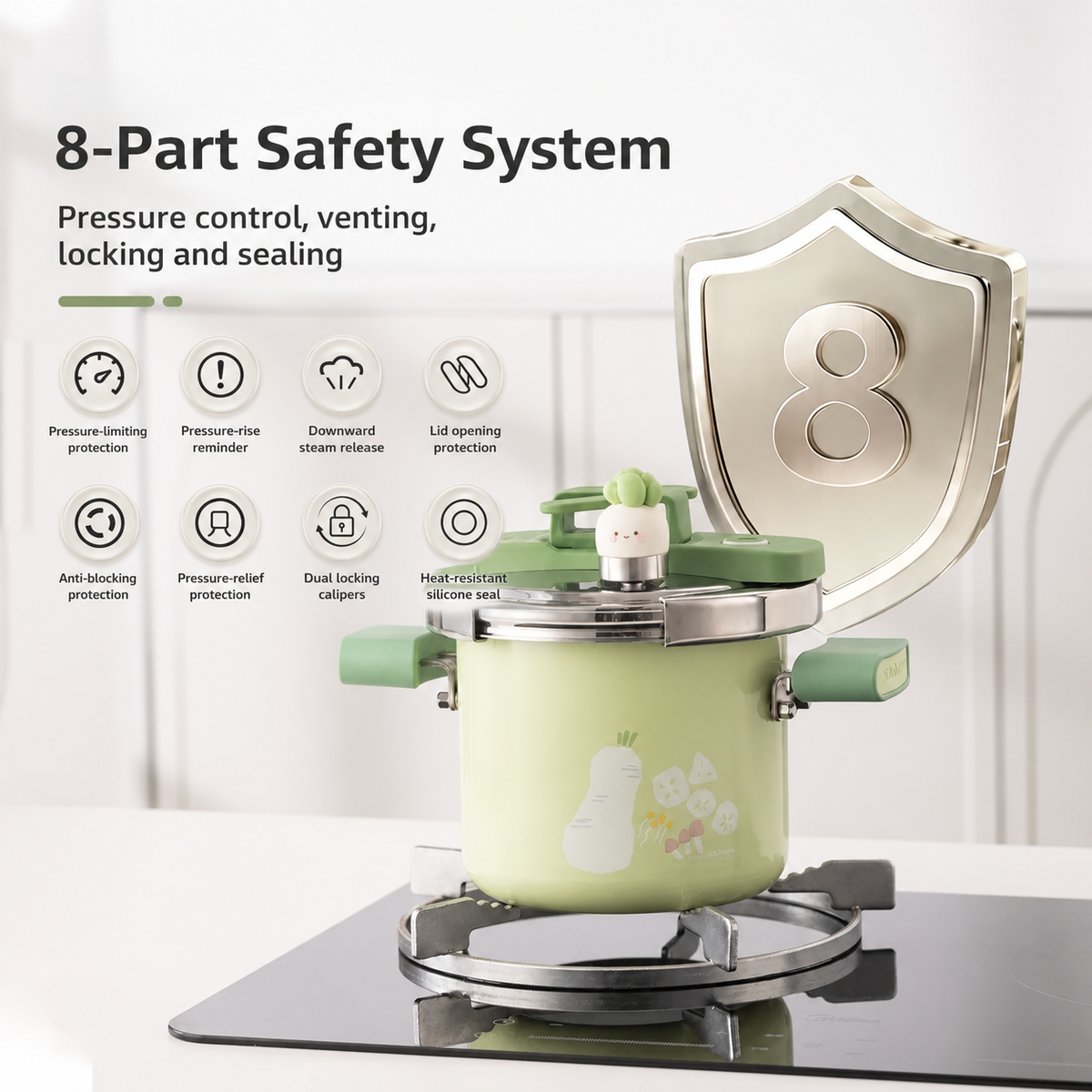 Eight-part pressure cooker safety system
