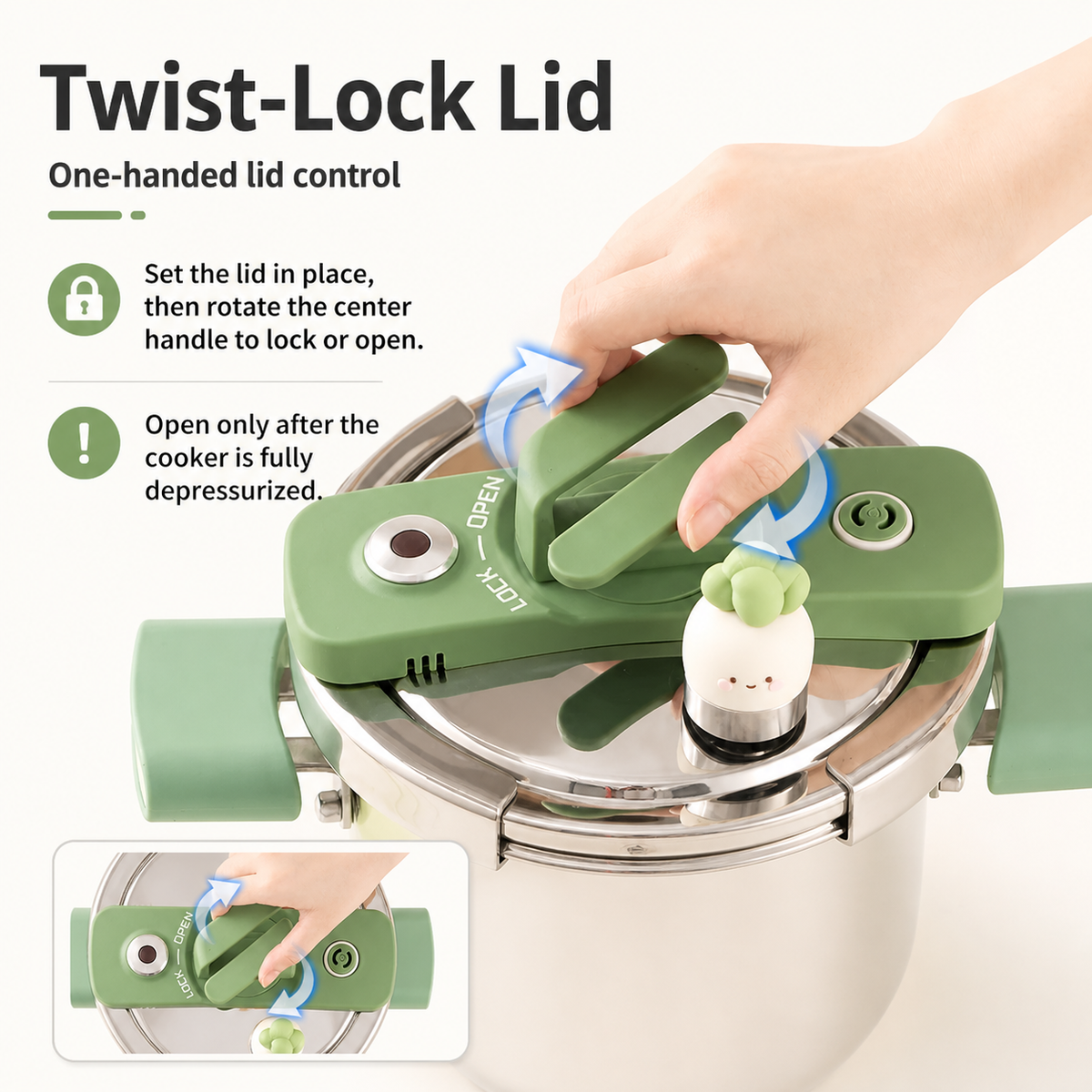 Twist-lock lid and one-handed lid control