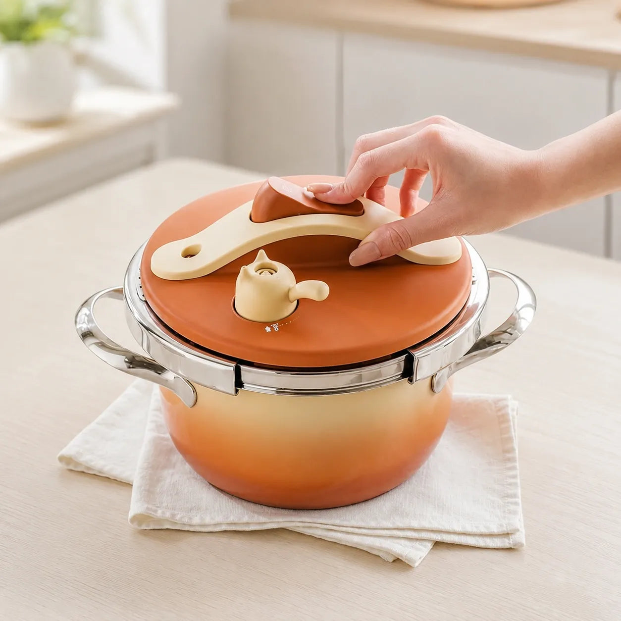 One-hand opening of the compact Toffee Orange pressure cooker