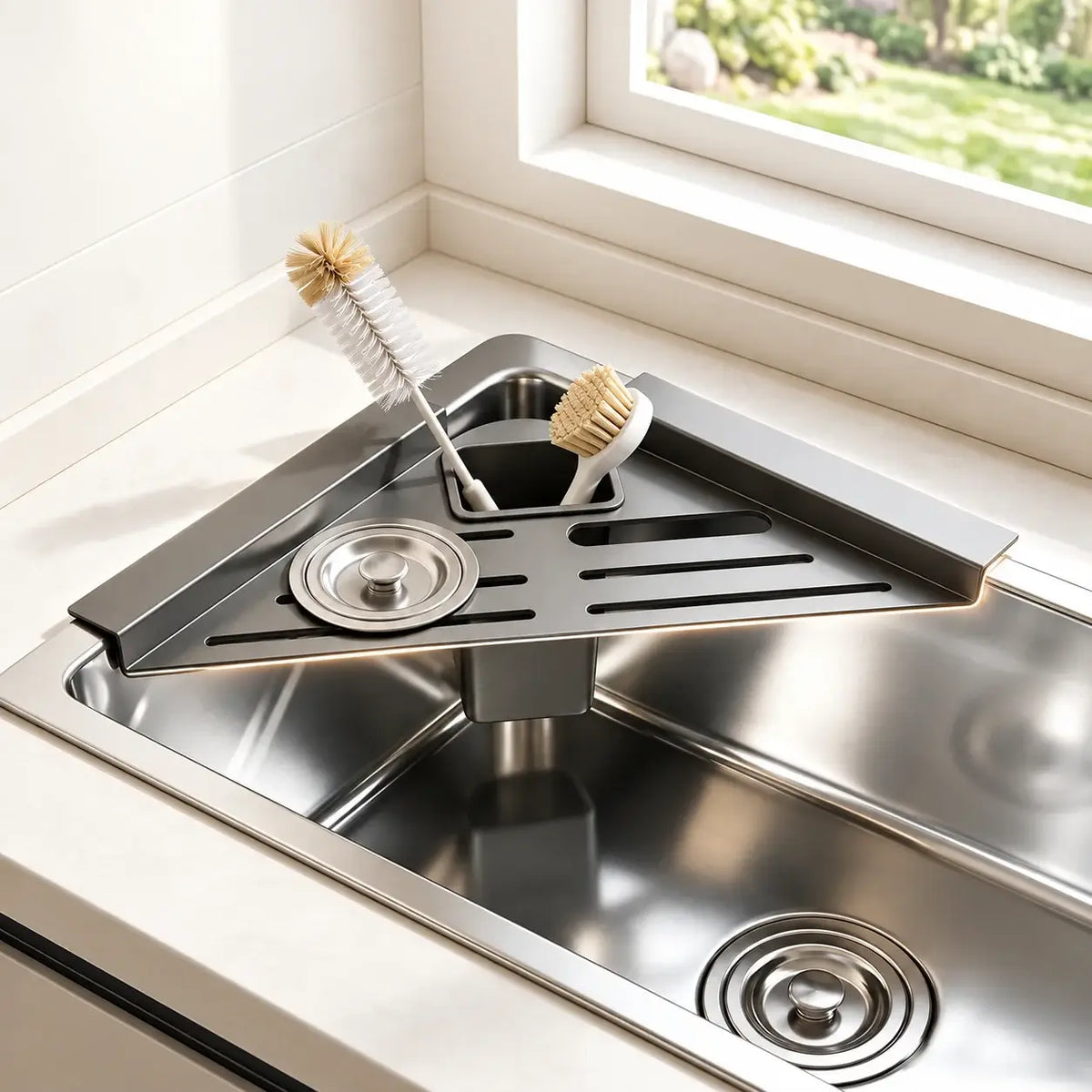 Two brushes stand upright in the removable drain cup