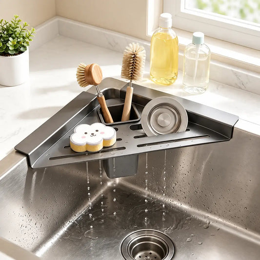 Gun Gray corner rack with upright brushes and drainage into the sink