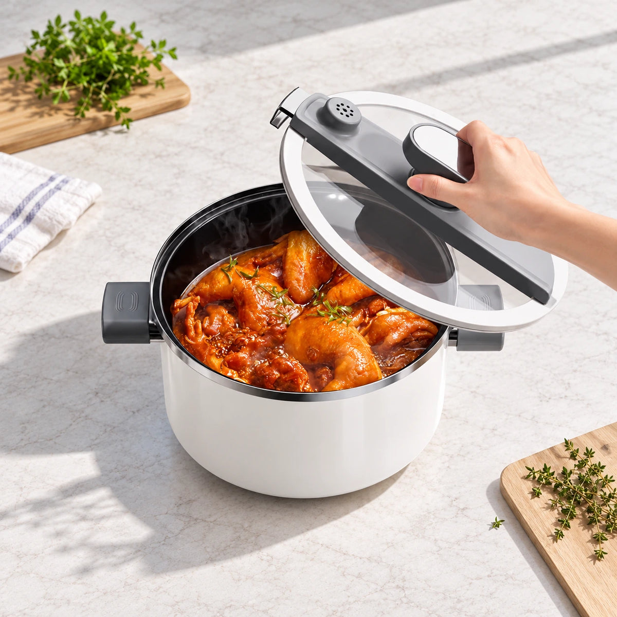 Chicken wings in the open enamel cooker, with its matching glass lid lifted clear