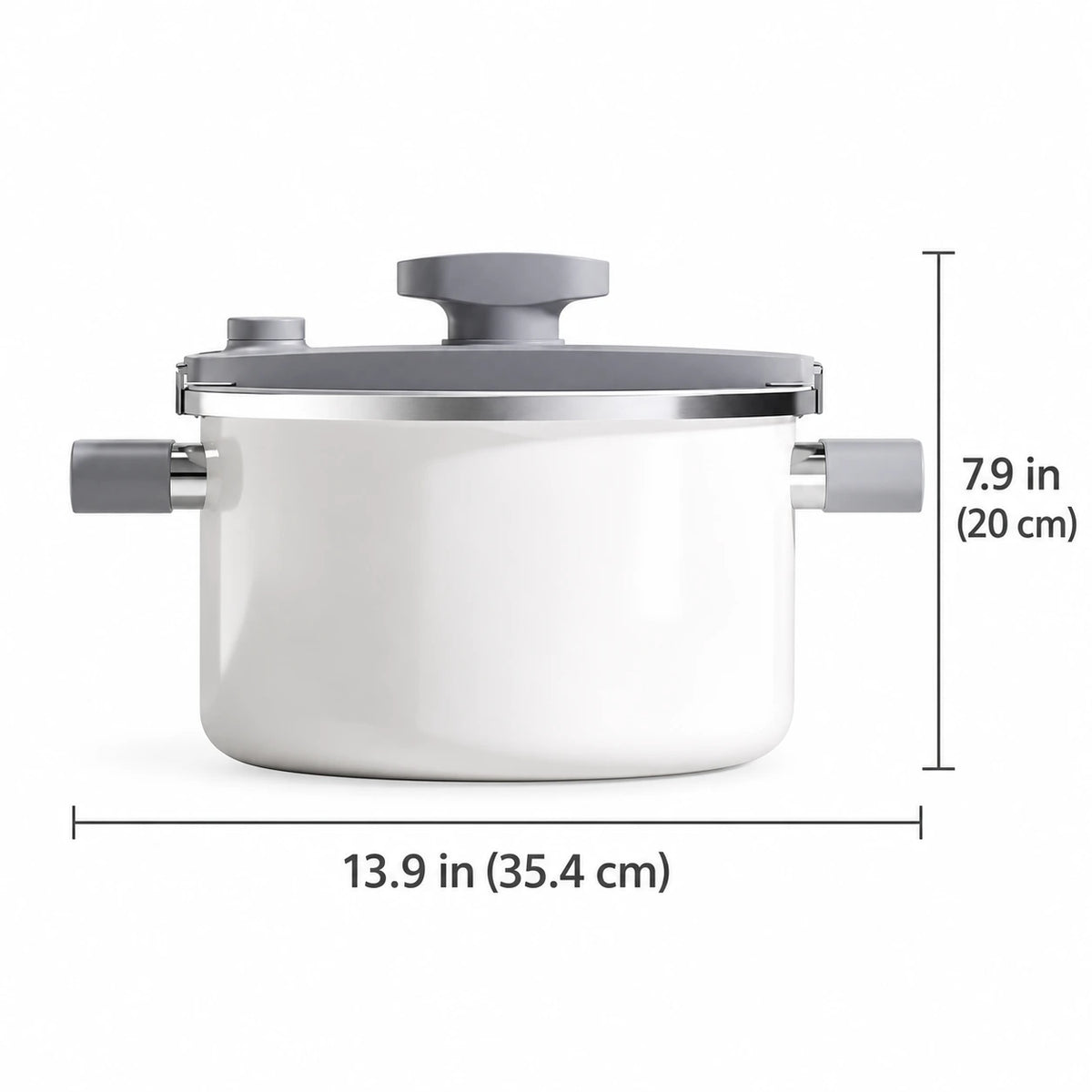 Cooker dimensions: 13.9 inches (35.4 cm) wide including handles and 7.9 inches (20 cm) tall