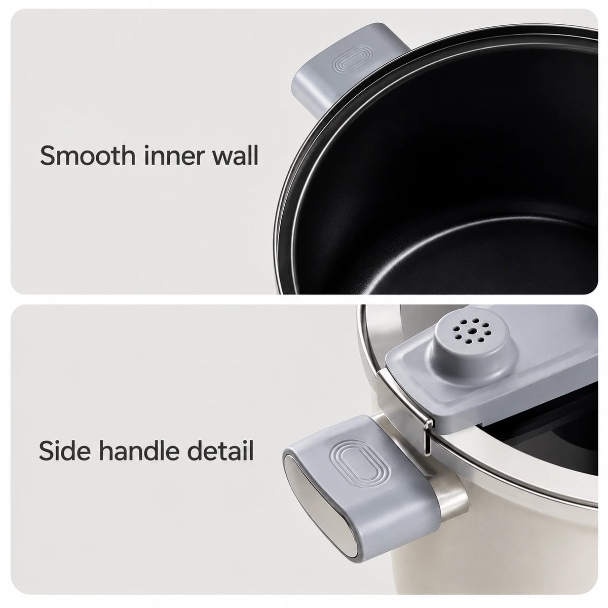 Close views of the smooth black enamel inner wall and gray side-handle connection